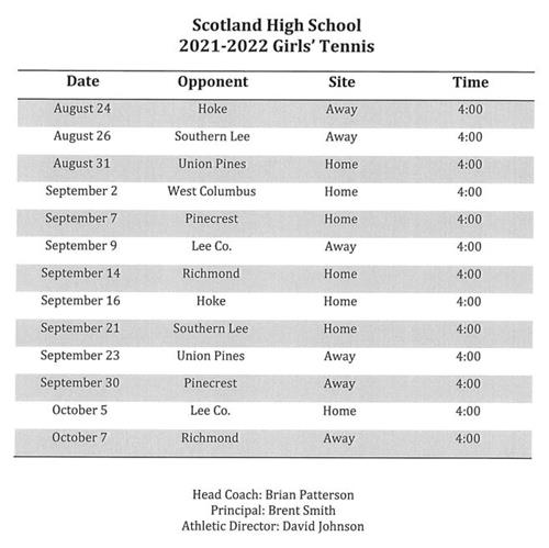 2021-2022 Girls' Tennis Schedule